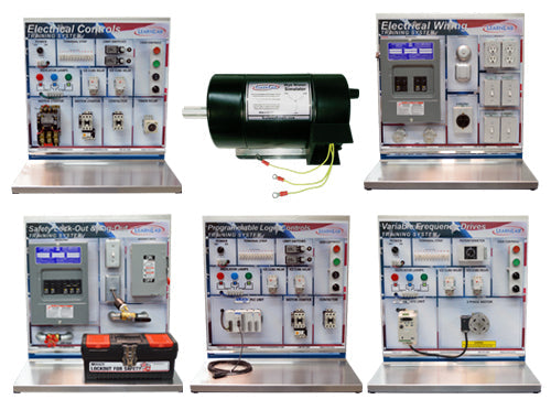 Collection of electrical controls and wiring displays on a white background