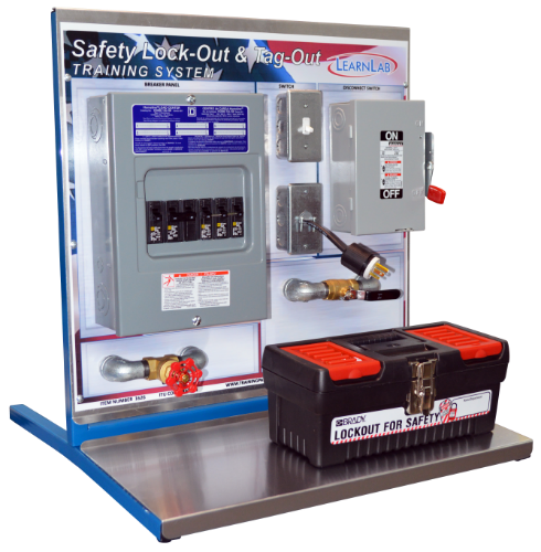 Safety lock-out and tag-out training system with electrical components and toolbox on a stand.