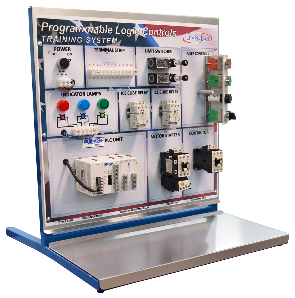 Programmable Logic Controls Training System with various components on a stand.