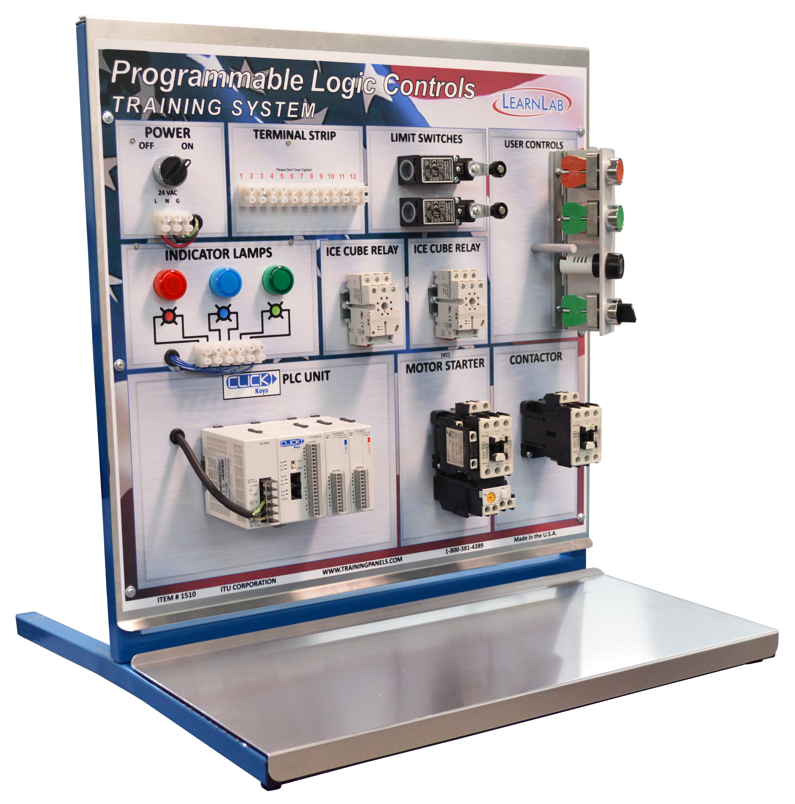 Programmable Logic Controls Training System with various components on a stand.